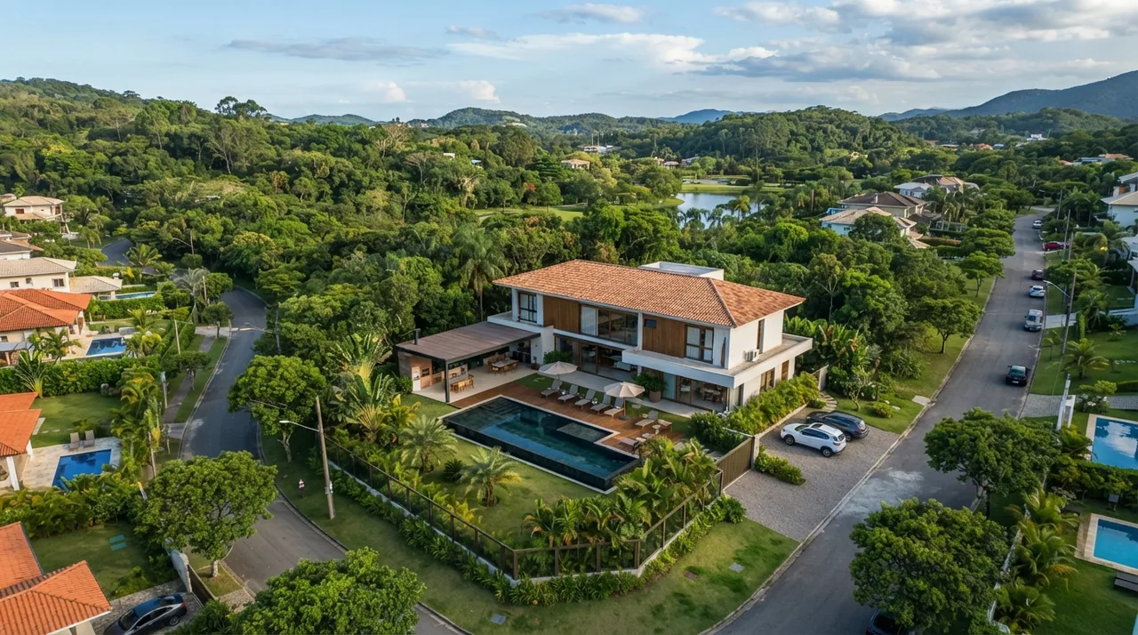 Drone para fotografia imobiliária mostrando implantação de casa em condomínio e área verde