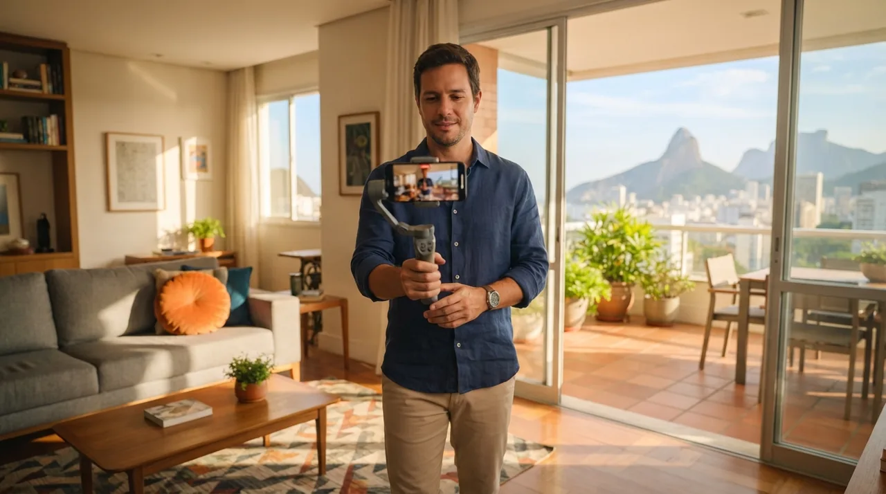 Ilustração: corretor segurando o celular em estabilizador gravando a transição suave entre a sala e a varanda