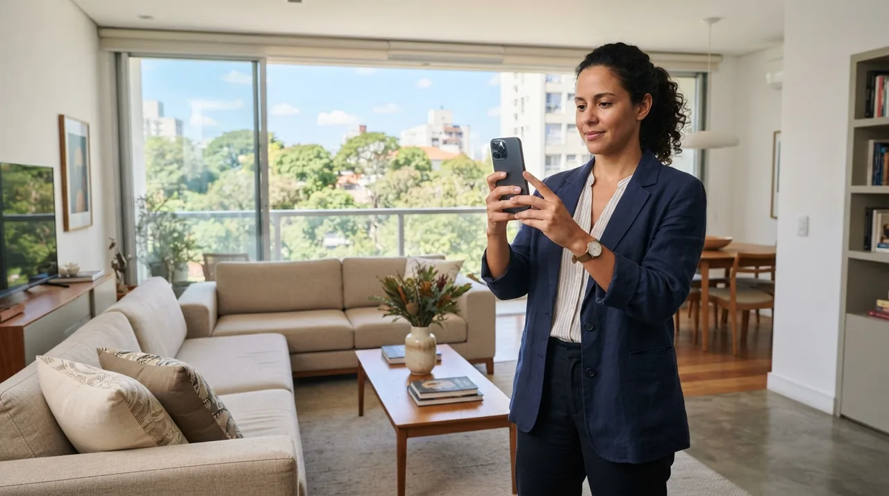 Ilustração: Corretor segurando o celular na altura correta para fotografar a sala de estar