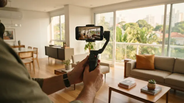 Ilustração: celular acoplado a um gimbal iniciando a gravação de um tour contínuo na sala