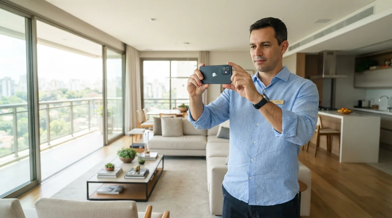 Ilustração: Corretor posicionando o celular na horizontal para fotografar uma sala ampla