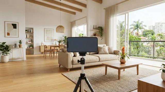 Ilustração: Sala de estar ampla com luz natural entrando pela janela e celular posicionado na horizontal