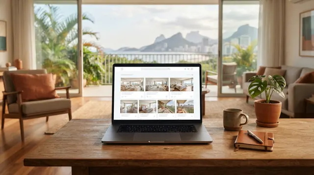 Ilustração: tela de portal imobiliario exibindo fotos horizontais bem iluminadas e ordenadas