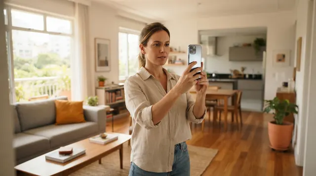 Ilustração: gravacao de tour virtual vertical com celular na mao apontando para a sala