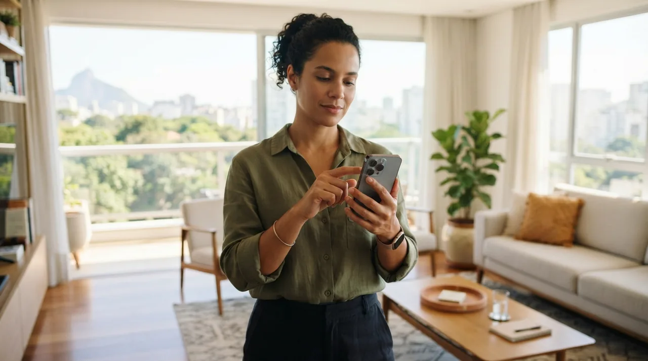 Ilustração: fotografo realizando teste do dedo na lente traseira do celular antes de iniciar o trabalho