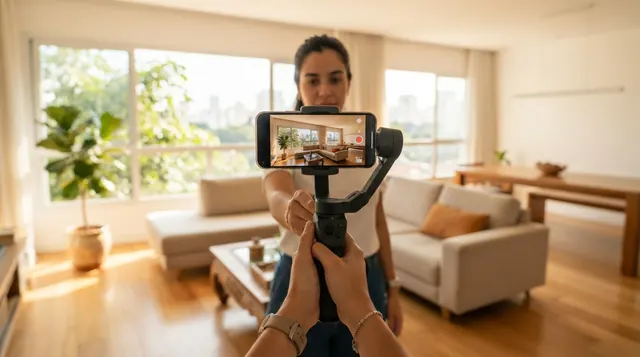 Ilustração: tela do celular acoplado em um gimbal mostrando a gravação contínua de uma sala ampla