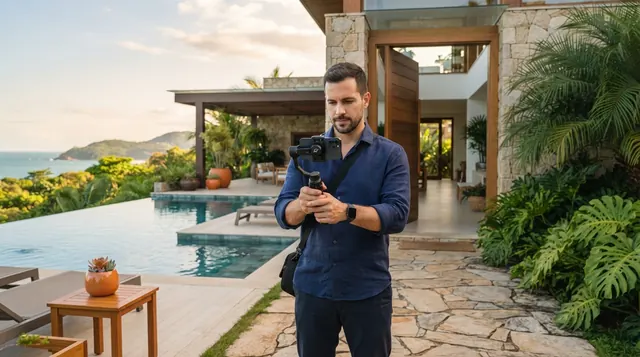 Ilustração: profissional ajustando o celular em um estabilizador gimbal na entrada de uma casa com piscina