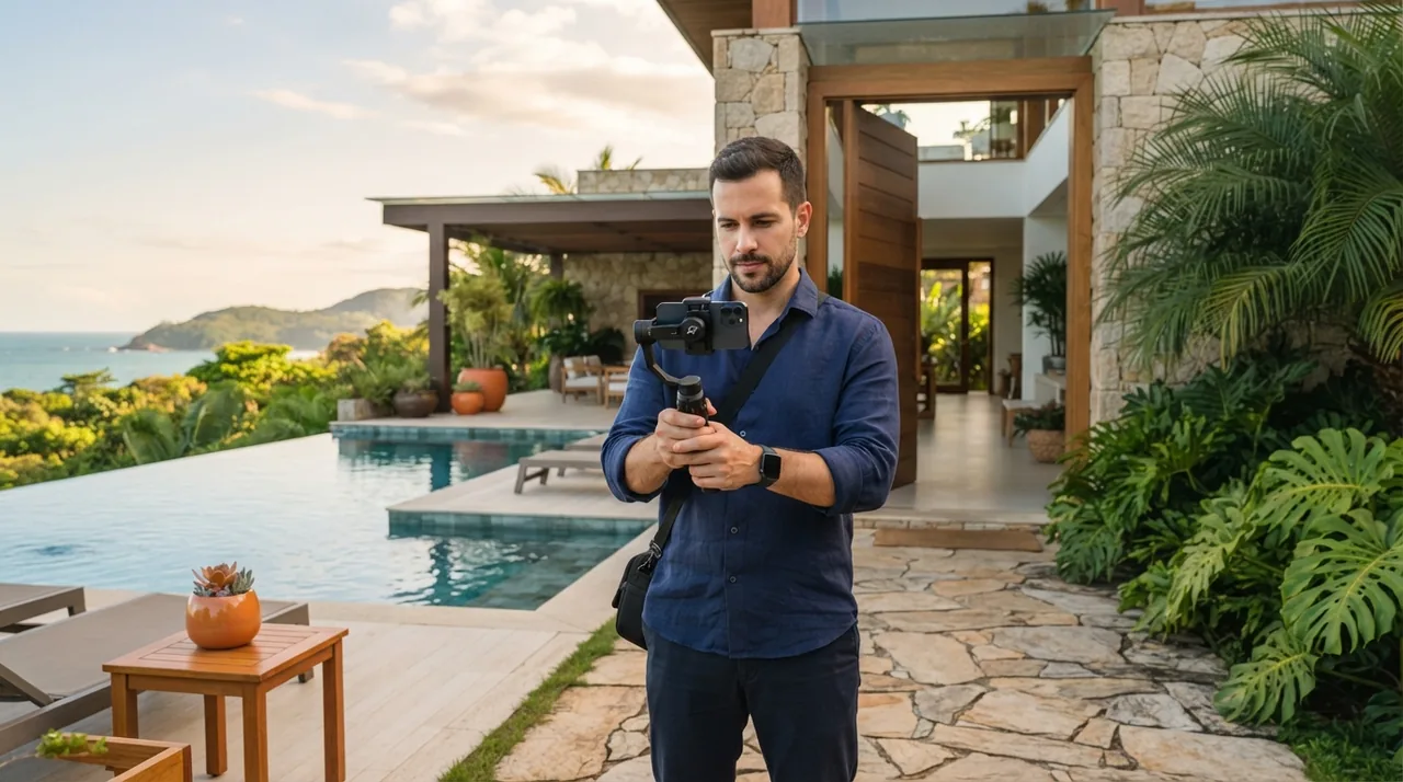 Ilustração: profissional ajustando o celular em um estabilizador gimbal na entrada de uma casa com piscina