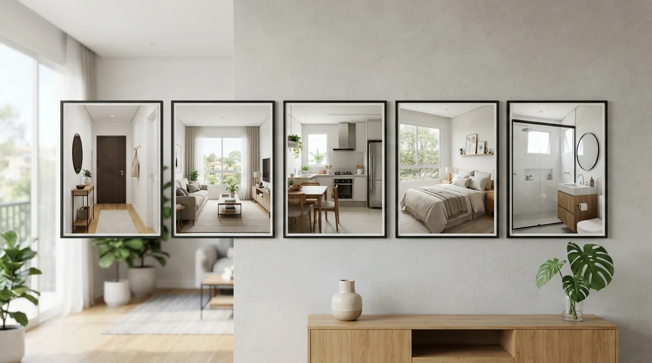 Ilustração: conjunto de fotos de um mesmo apartamento exibido em sequência lógica de visita
