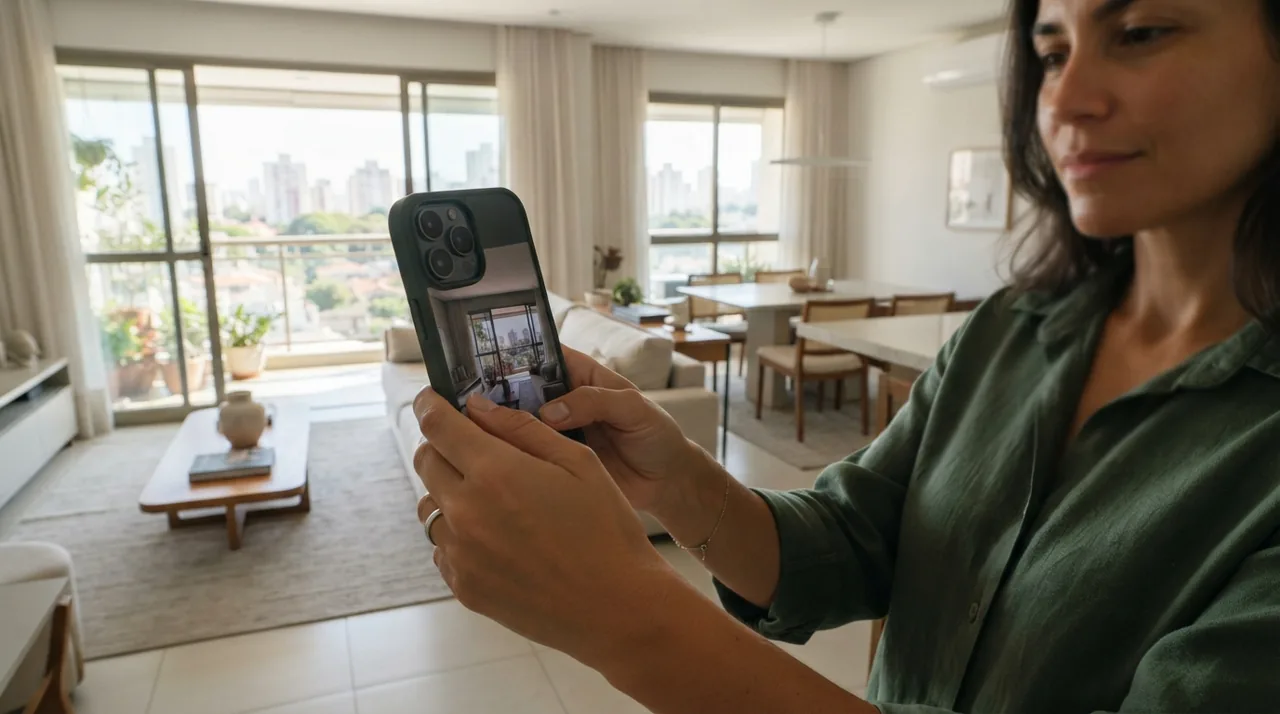 Ilustração: visão em primeira pessoa mostrando as mãos do fotógrafo segurando o celular na diagonal de uma sala