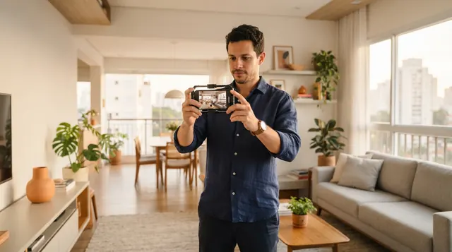 Ilustração: fotógrafo segurando o celular na altura do peito alinhando a sala de estar de um apartamento