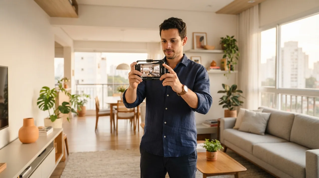 Ilustração: fotógrafo segurando o celular na altura do peito alinhando a sala de estar de um apartamento