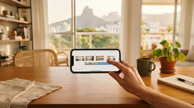 Ilustração: tela de aplicativo de edição no celular organizando linha do tempo horizontal de imóvel