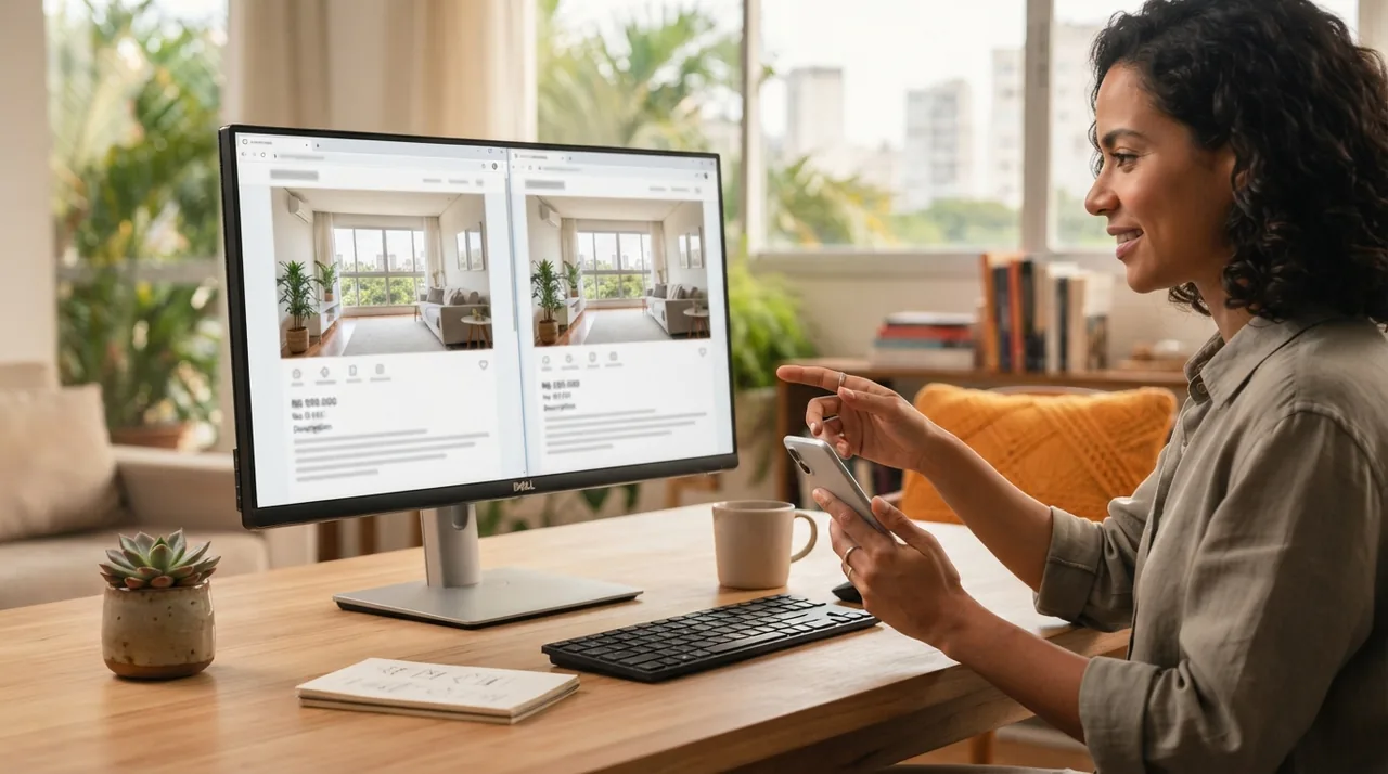Ilustração: tela de computador comparando anúncios imobiliários com as mesmas fotografias em portais distintos
