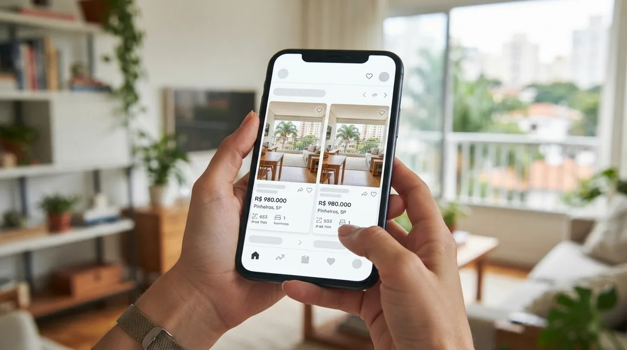 Ilustração: tela de celular comparando dois anúncios imobiliários idênticos com fotos copiadas