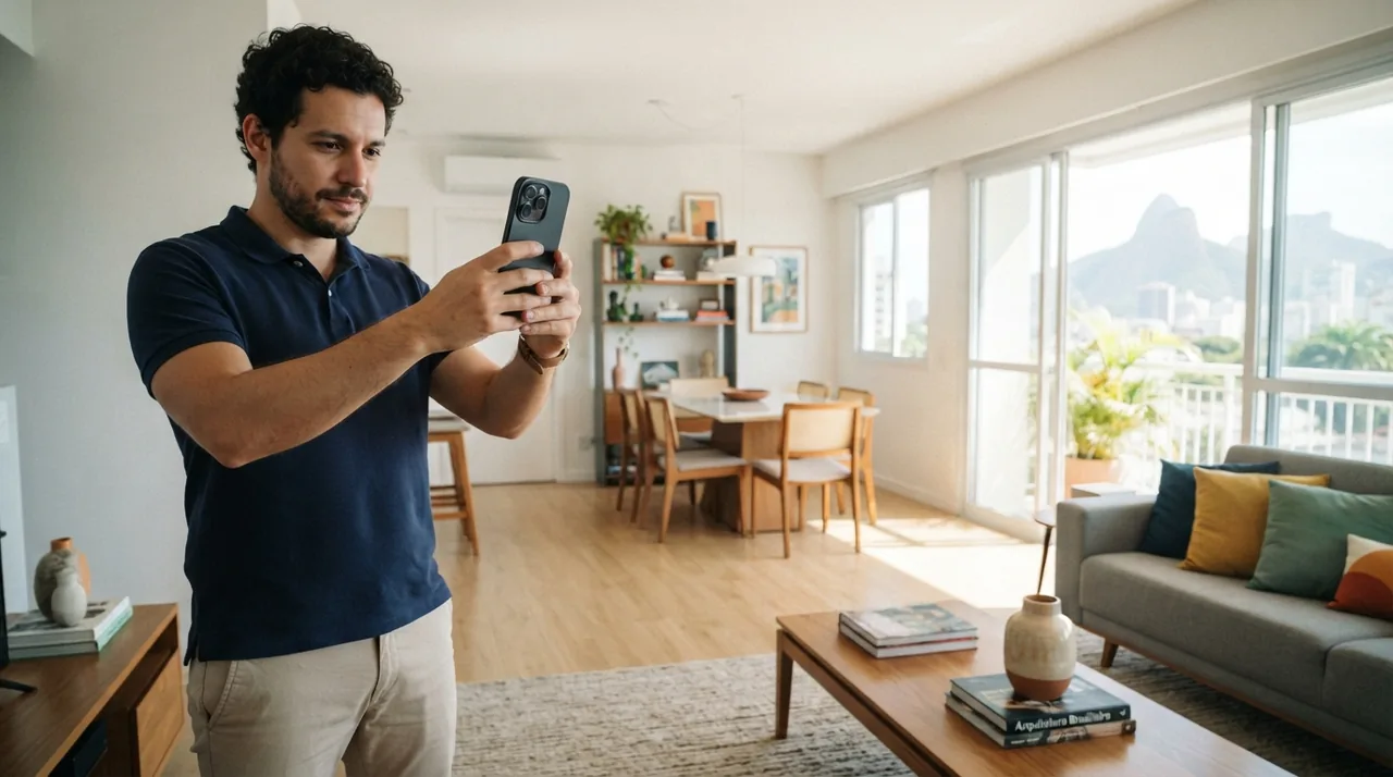 Ilustração: corretor alinhando smartphone em ângulo diagonal de sala com iluminação equilibrada