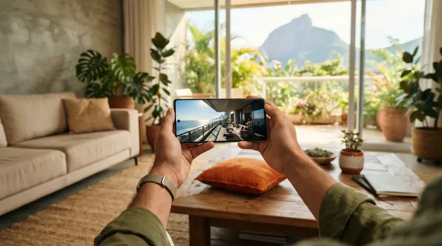 Ilustração: celular reproduzindo video de imovel em Dolby Vision com alto contraste de luz