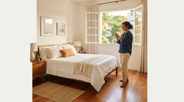 Ilustração: quarto de casal iluminado com luz natural suave mostrando detalhes do piso e a janela aberta com vista nítida