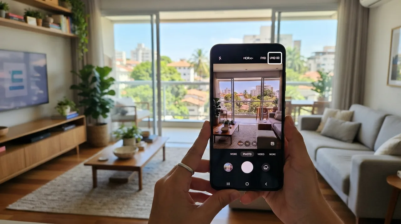 Ilustração: interface do aplicativo de câmera samsung com a seleção de formato UHD 60 em evidência
