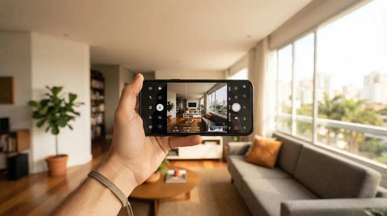 Ilustração: tela do celular no modo pro com ISO em 50 e velocidade ajustada para equilibrar sala e janela