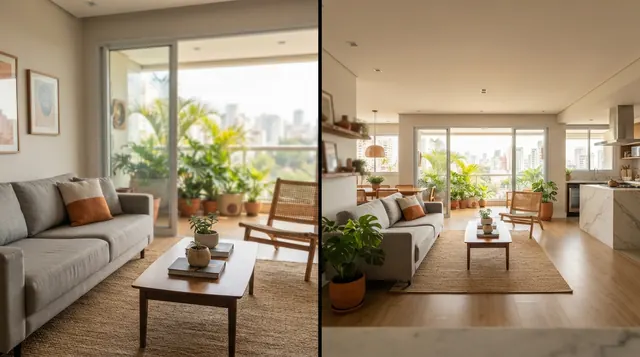 Ilustração: Comparação da mesma sala de estar vista pela lente 1x no modo retrato do iPhone e pela lente 0,5x no modo Foto normal