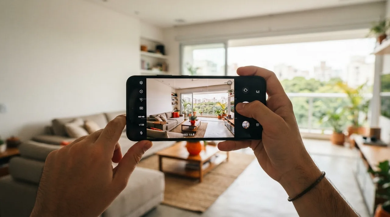 Ilustração: visor da câmera Samsung Galaxy mostrando o enquadramento de uma sala com linhas de grade ativadas