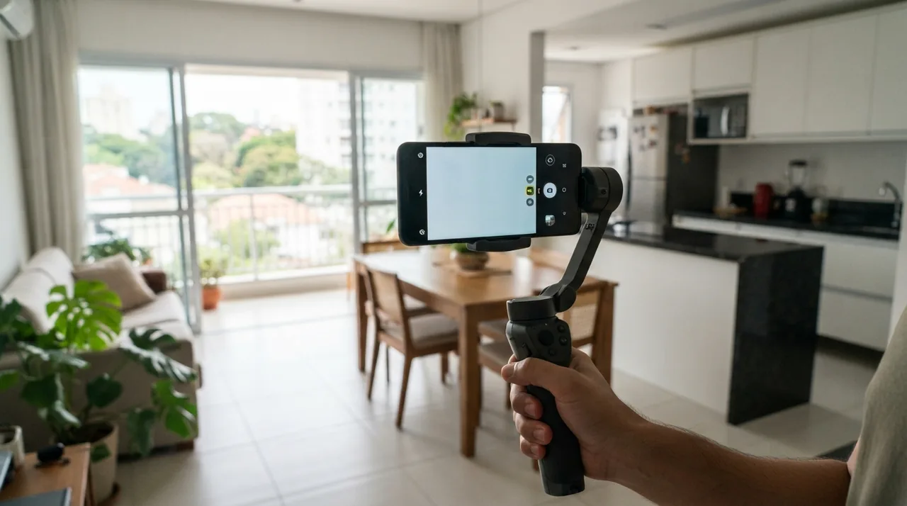 Ilustração: celular preso em suporte mostrando a tela de configuracao de video com 4k e 30 selecionados