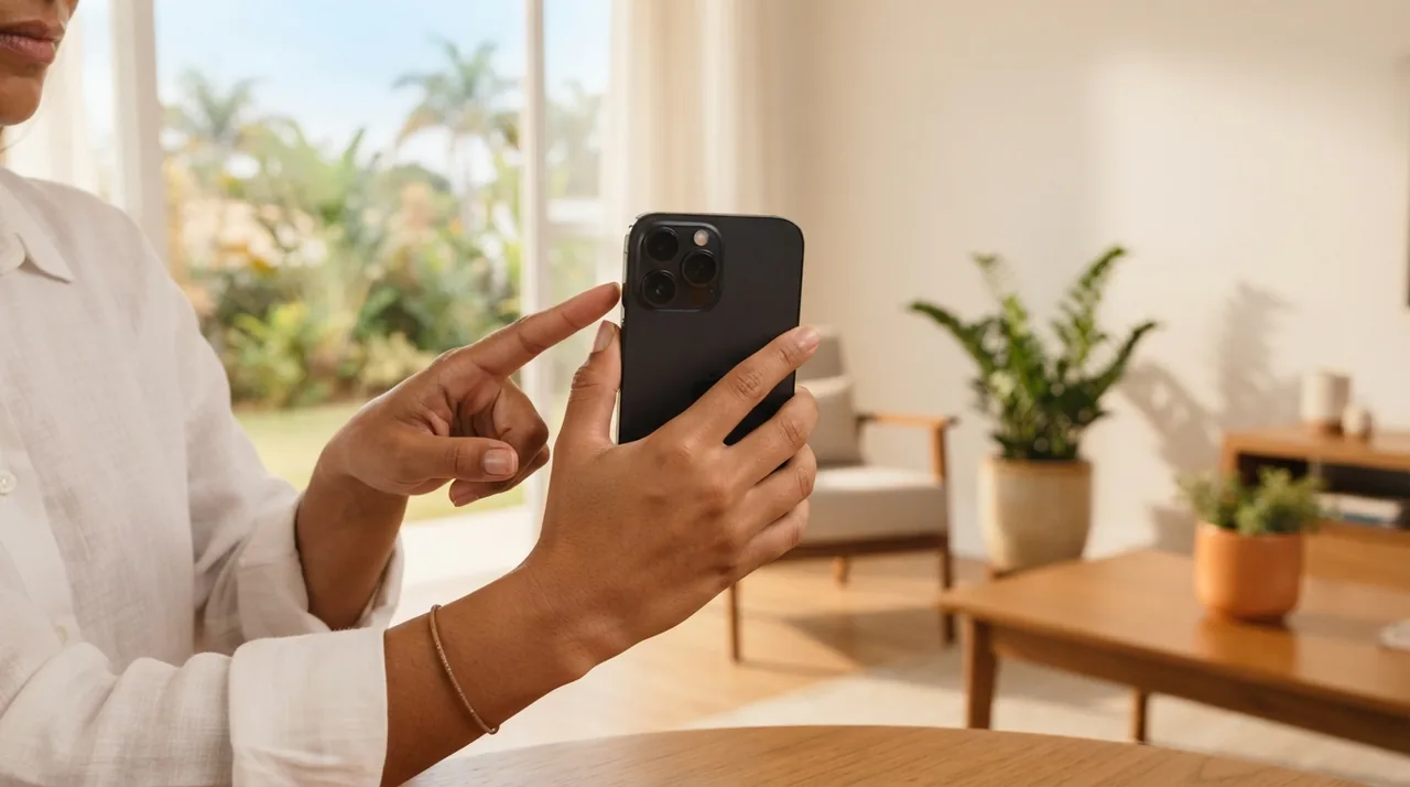 Ilustração: mão segurando celular e apontando o dedo para as lentes traseiras para testar os sensores