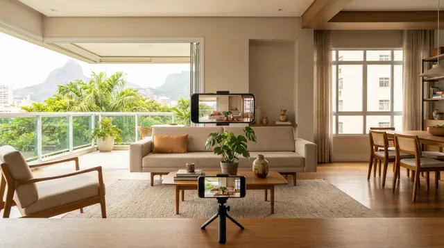 Ilustração: comparação visual entre enquadramento estreito em 1x e enquadramento completo em ultra wide na sala