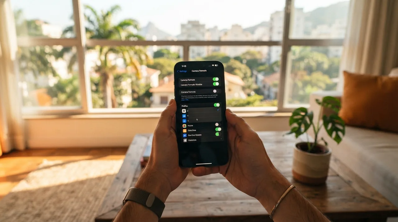 Ilustração: tela de ajustes do iPhone mostrando o menu de formatos e a opção ProRes Log ativada