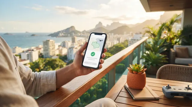 Ilustração: tela do smartphone com o sistema SARPAS aberto confirmando autorização de voo para captação imobiliária
