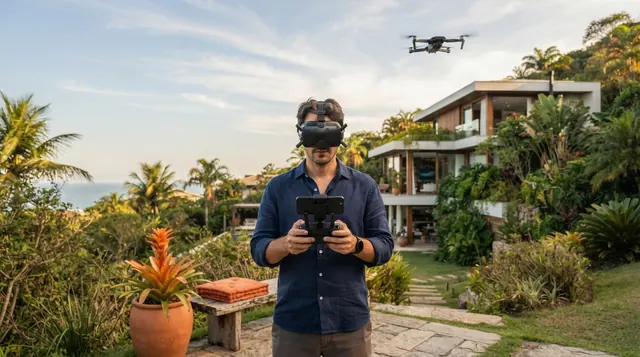 Ilustração: piloto usando óculos de imersão ao lado de uma residência com o drone no ar
