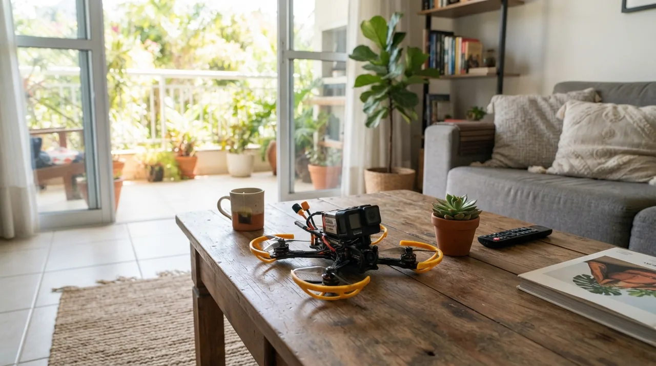 Ilustração: drone cinewhoop pequeno com protetores de helice pousado na mesa de centro de uma sala