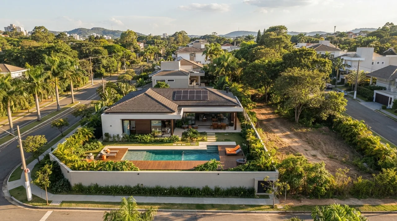 Ilustração: sobrevoo suave de casa térrea mostrando piscina e lote vizinho com enquadramento comercial