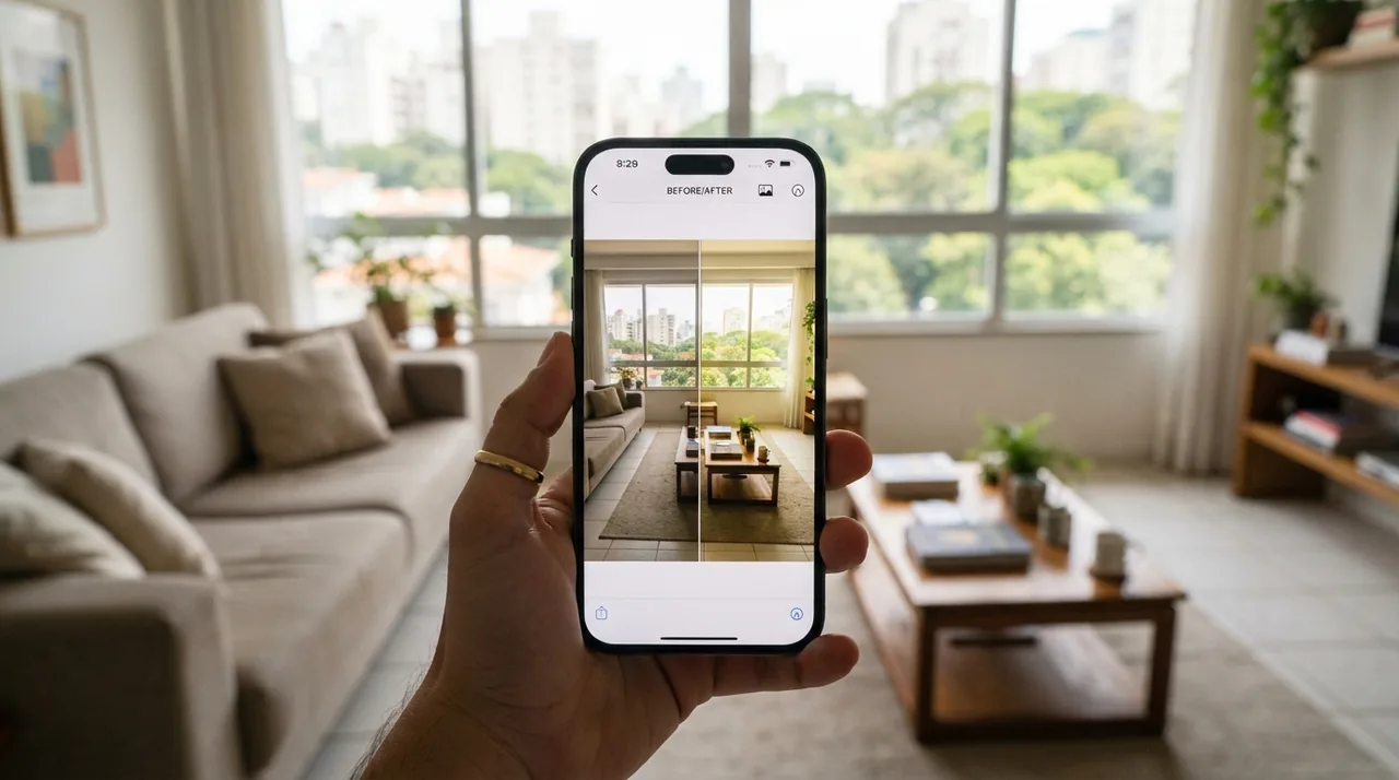 Ilustração: tela de celular comparando sala com ajuste equilibrado de luz versus sala com edição exagerada