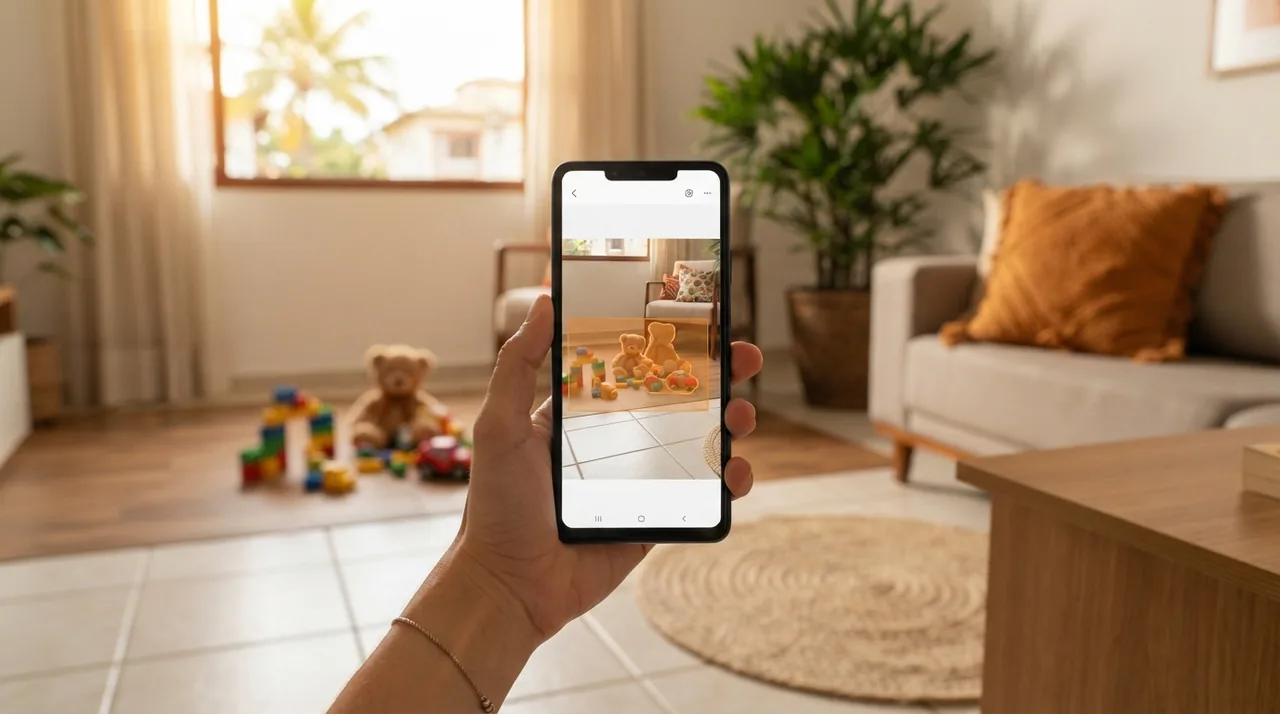 Ilustração: tela do smartphone com o ChatGPT selecionando brinquedos no chão de uma sala para remoção digital