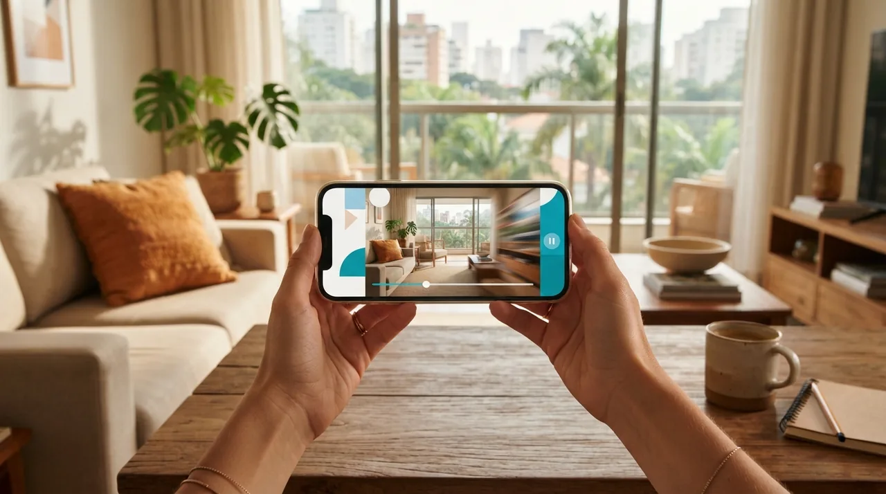 Ilustração: tela de celular mostrando foto de sala sendo convertida em clipe dinâmico