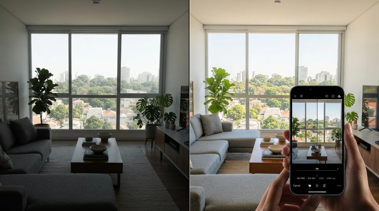 Ilustração: tela dividida mostrando o ambiente antes e depois dos ajustes de luz aplicados