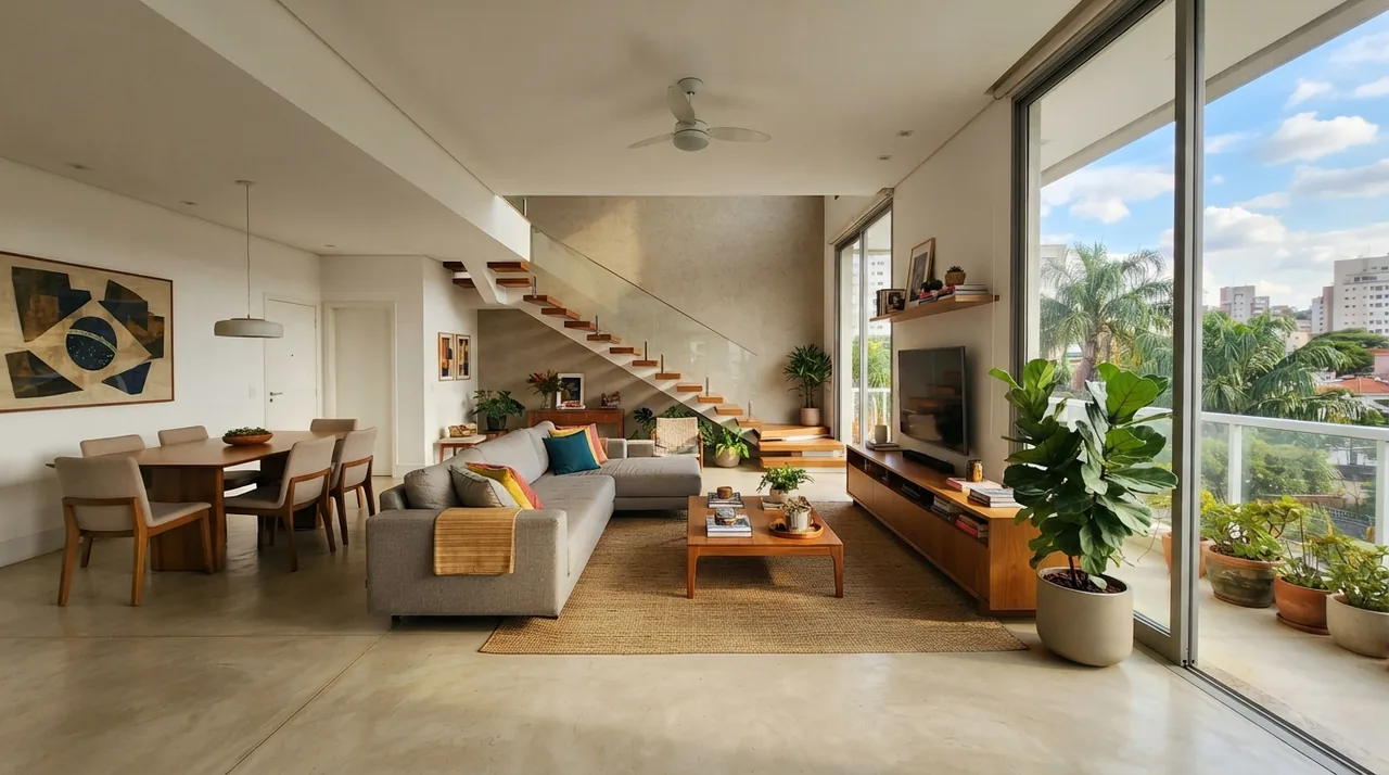 Ilustração: visão ampla de uma sala de estar com luz natural capturada com a câmera ultra wide do Motorola Edge 60