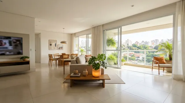 Ilustração: sala ampla fotografada com a lente ultra wide de um celular moderno, mostrando piso, paredes e varanda iluminada