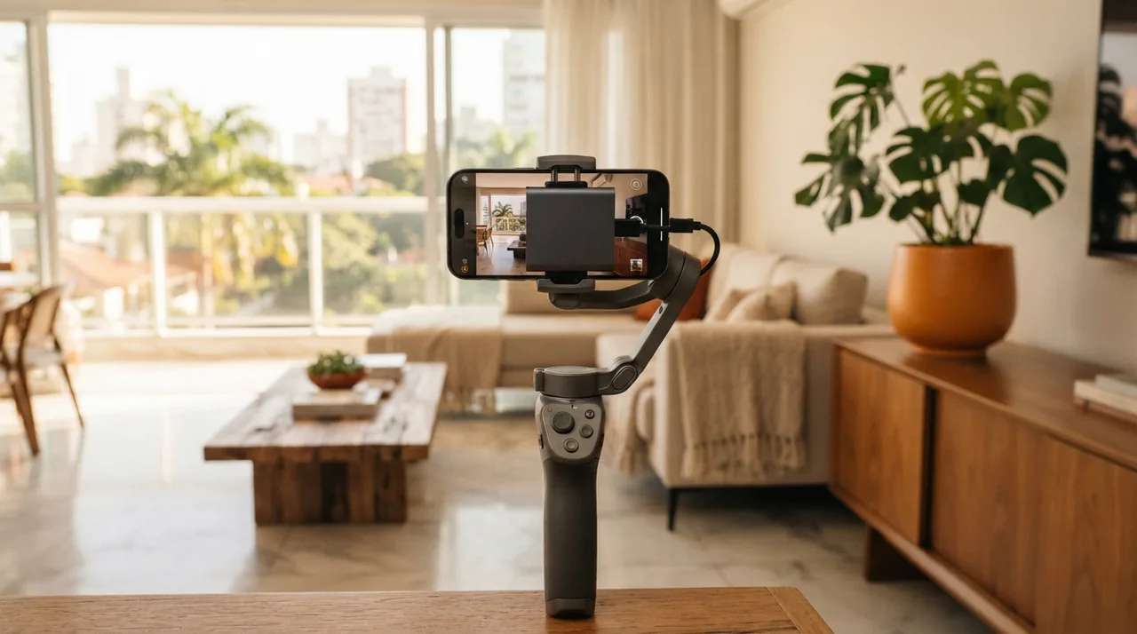 Ilustração: ssd externo compacto conectado na parte traseira de um iphone montado em gimbal
