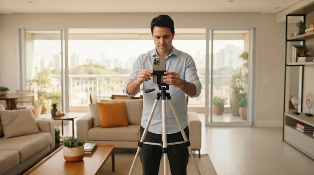 Ilustração: corretor alinhando smartphone em tripé na altura do peito para fotografar a sala