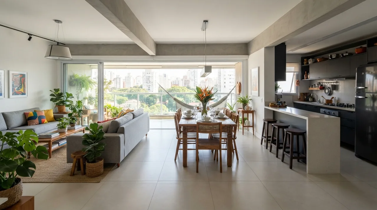 Ilustração: sala ampla fotografada na lente 0,5x mostrando o ambiente integrado