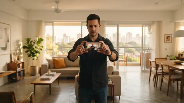 Ilustração: operador segurando o celular na horizontal em altura média gravando a transição da sala