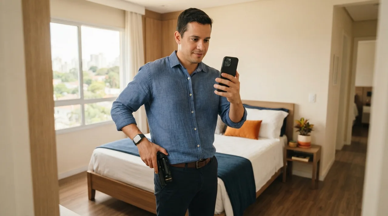 Ilustração: Corretor guardando o estabilizador dobrado no bolso enquanto fotografa um quarto usando apenas o celular nas mãos