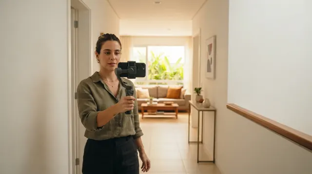 Ilustração: corredor de apartamento iluminado com celular sendo movimentado em direção à sala de estar