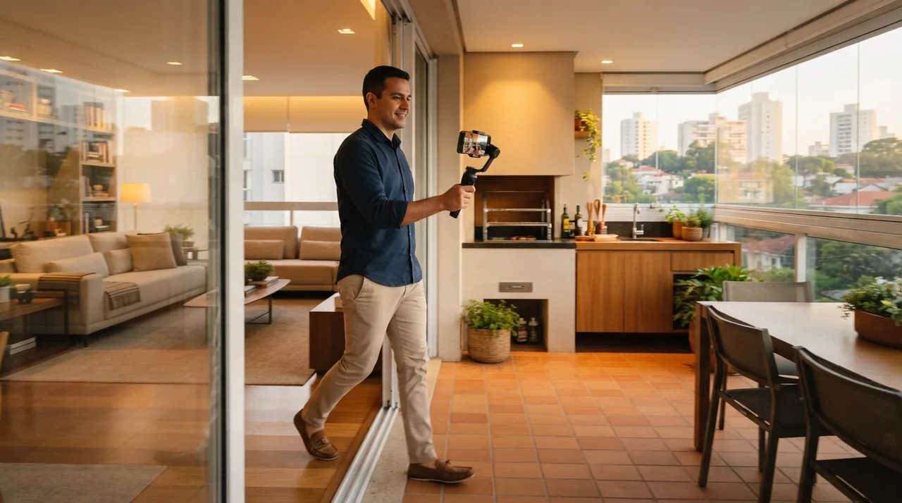 Ilustração: corretor caminhando suavemente da sala para a varanda gourmet segurando o celular em um gimbal com todas as luzes acesas