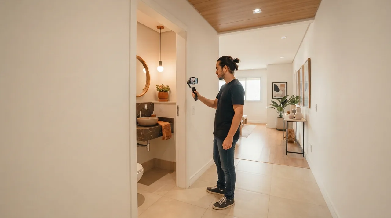 Ilustração: corredor amplo com porta de lavabo aberta durante a gravação de um percurso imobiliário