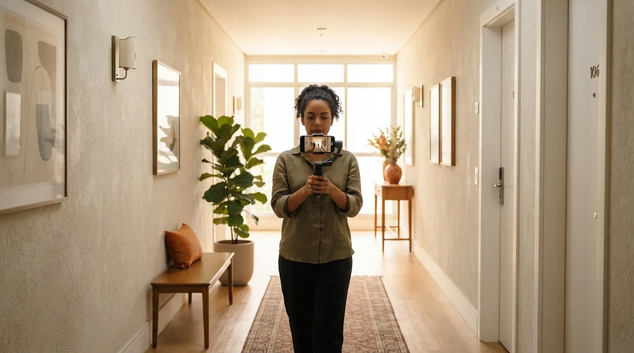 Ilustração: corredor de apartamento iluminado sendo filmado com celular na altura do peito