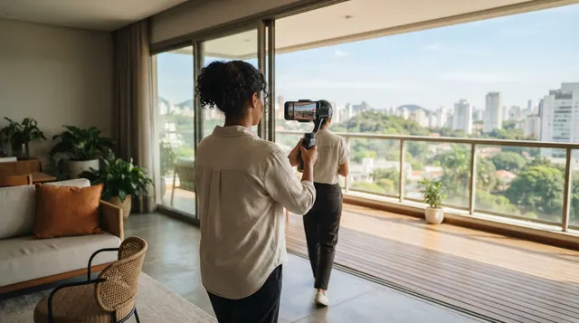 Ilustração: percurso contínuo de vídeo sendo gravado com celular e estabilizador saindo da sala para a varanda
